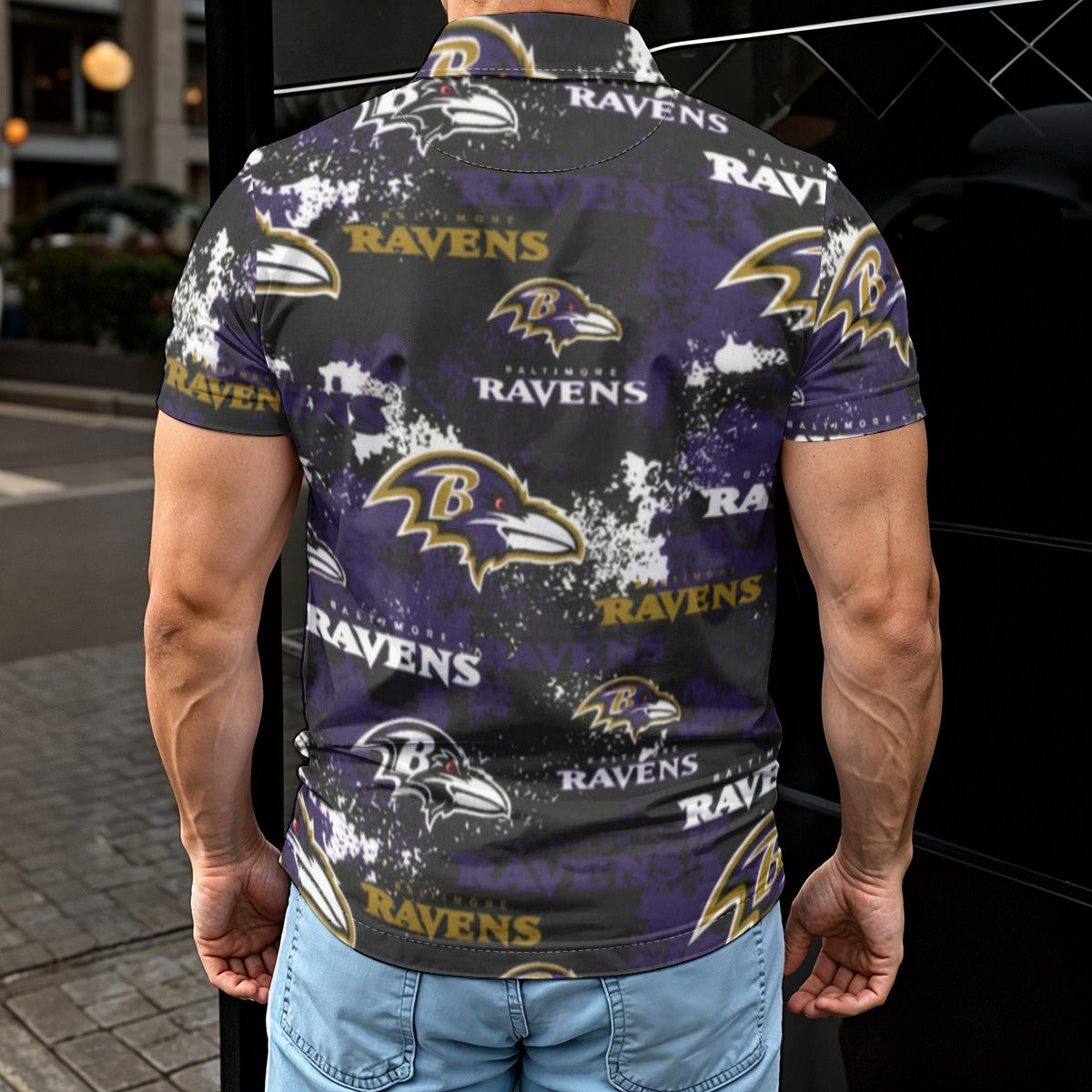 baltimore-ravens-mens-polo-shirt purple black football outfit detail