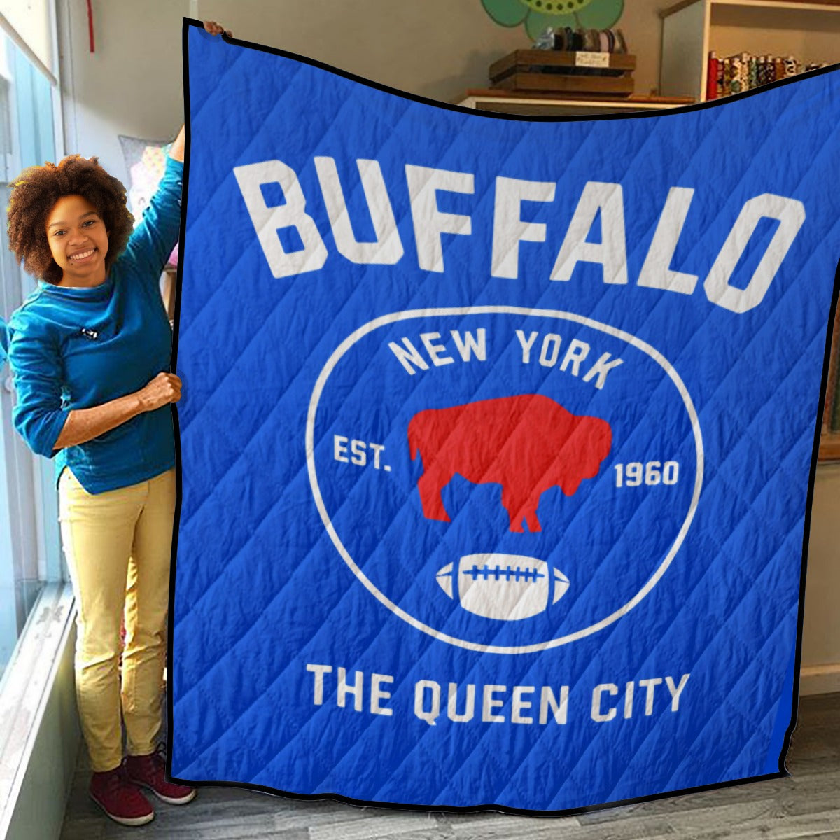 🔵 Buffalo New York Quilted Blanket – Unisex Football Fan Throw “The Queen City” streetwear fashion product image 3