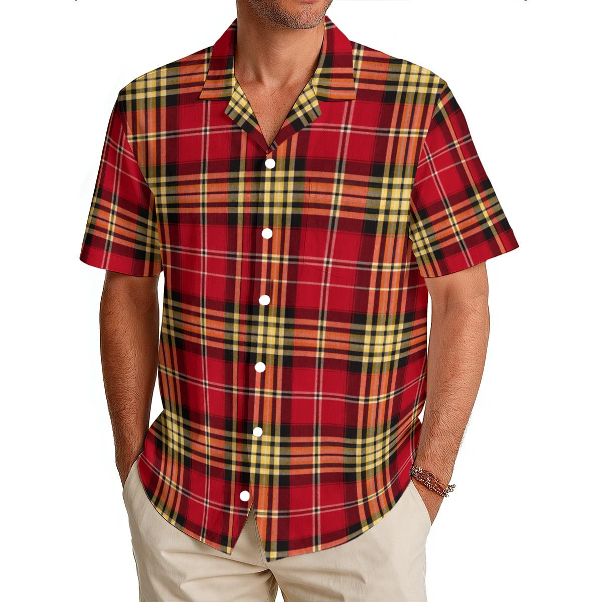 San Francisco Football Plaid Men’s Hawaiian Shirt – Bay Area Game Day Casual Button-Up (150GSM) – nfl fan apparel, lightweight game day shirt, image 1.0