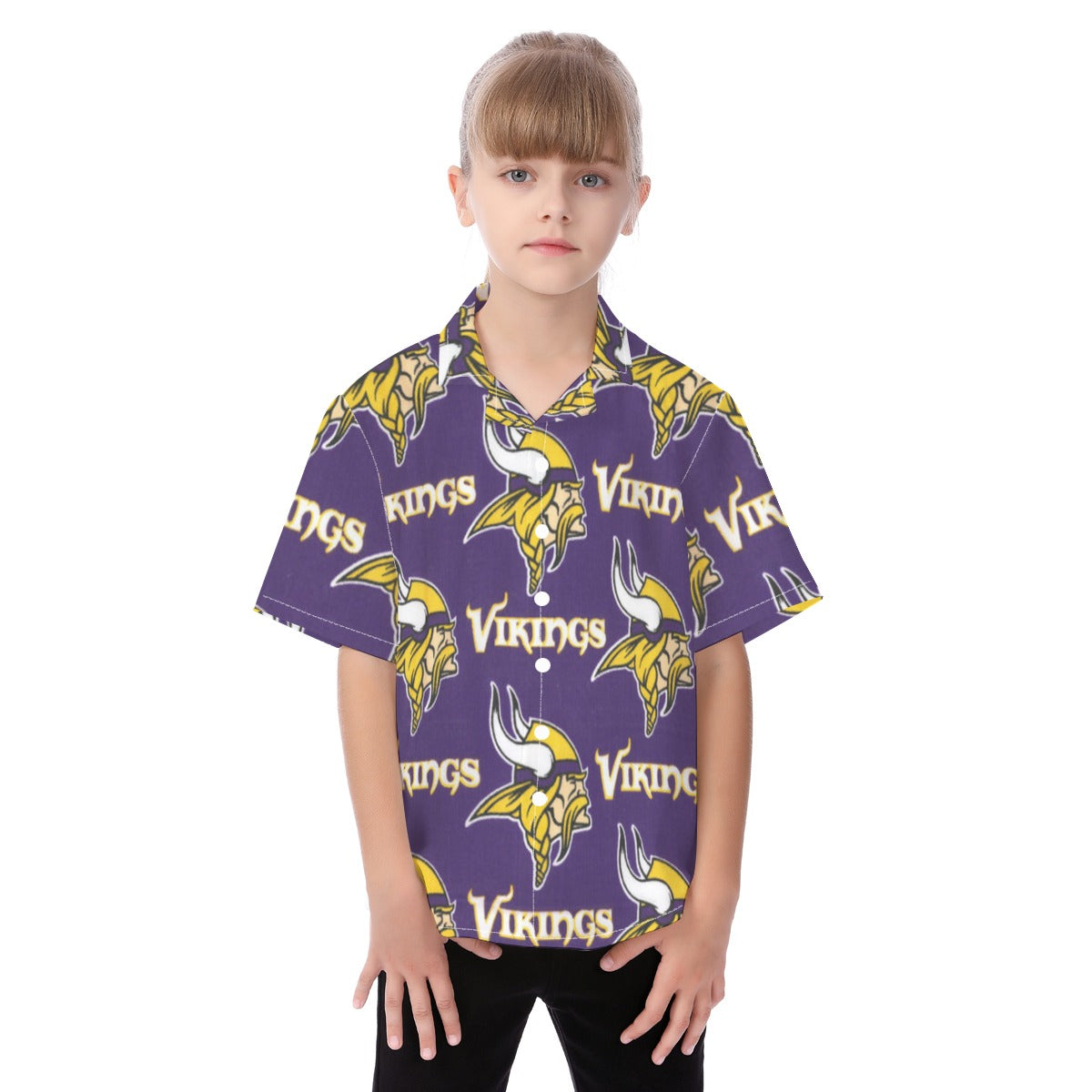 Minnesota Vikings Kid's Hawaiian Vacation Shirt purple gold football outfit back view