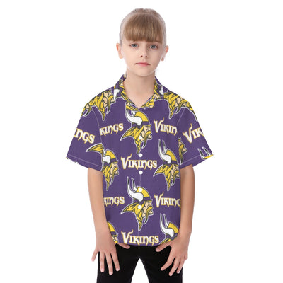 Minnesota Vikings Kid's Hawaiian Vacation Shirt purple gold football outfit back view