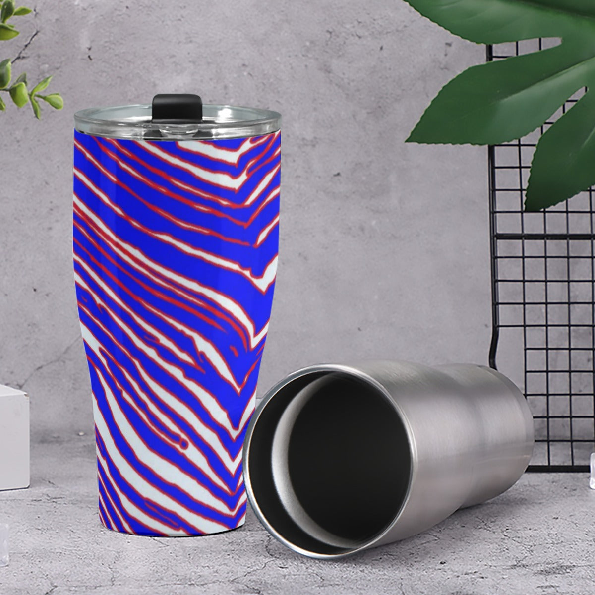 Dark Gray Cone Tumbler 30oz – Red Blue White Zebra Game Day Style