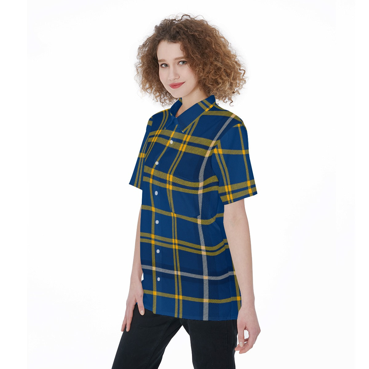 West Virginia Mountaineers Tartan Plaid Blue Gold Women's Short Sleeve Shirt With Pocket streetwear fashion product image 3