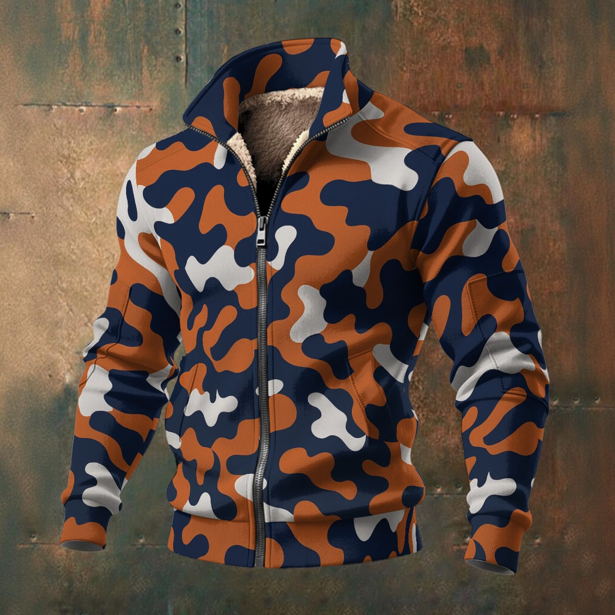 Chicago Football Camo Bomber Jacket – Navy Orange Game Day Streetwear Outerwear – breathable comfort wear, game day outfit, image 1.0