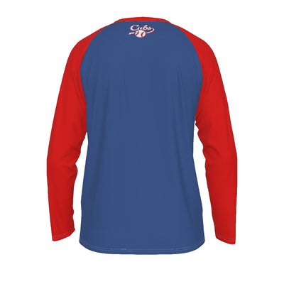 Dark Slate Blue Chicago Baseball Blue and Red Shirt – Vintage Script Long Sleeve Raglan Tee