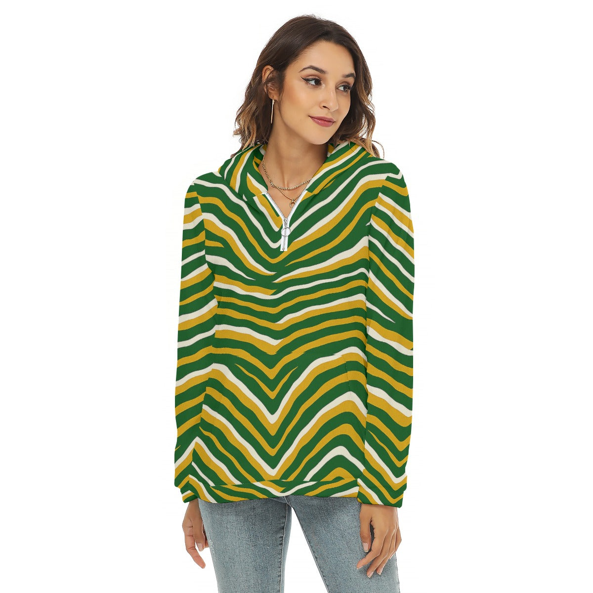 Green Bay Football Yellow Green Women’s Borg Fleece Half Zip Hoodie – Game Day Streetwear