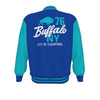 Blue and teal jacket with 'Buffalo NY City of Champions' text on a white background