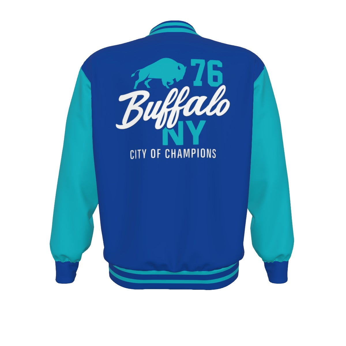 Blue and teal jacket with 'Buffalo NY City of Champions' text on a white background
