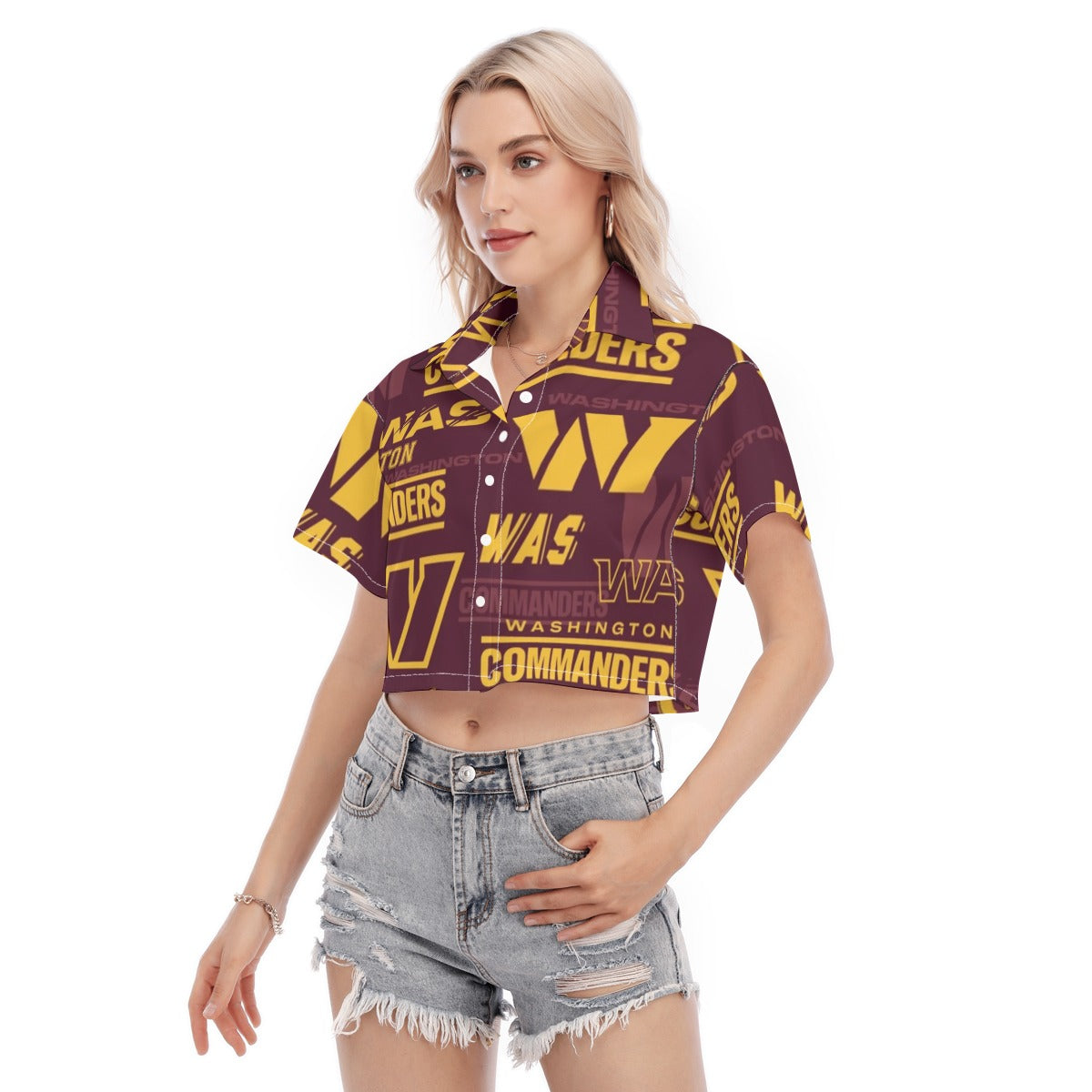 washington-commanders-womens-cropped-shirt burgundy gold football outfit fabric close-up