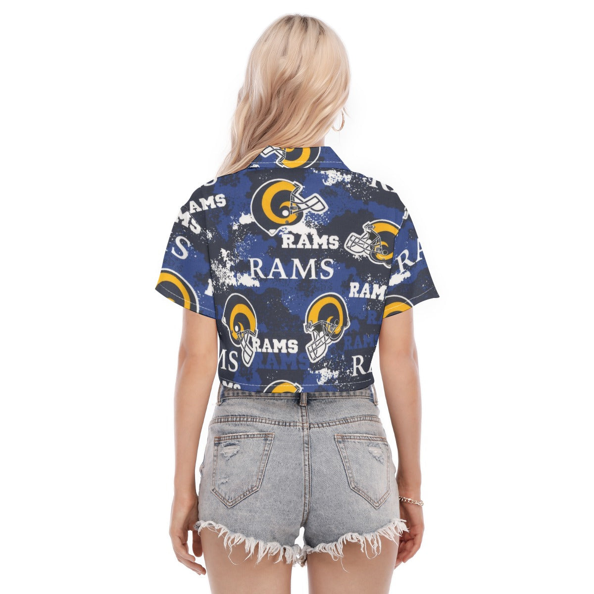 los-angeles-rams-womens-cropped-shirt navy orange football outfit side view