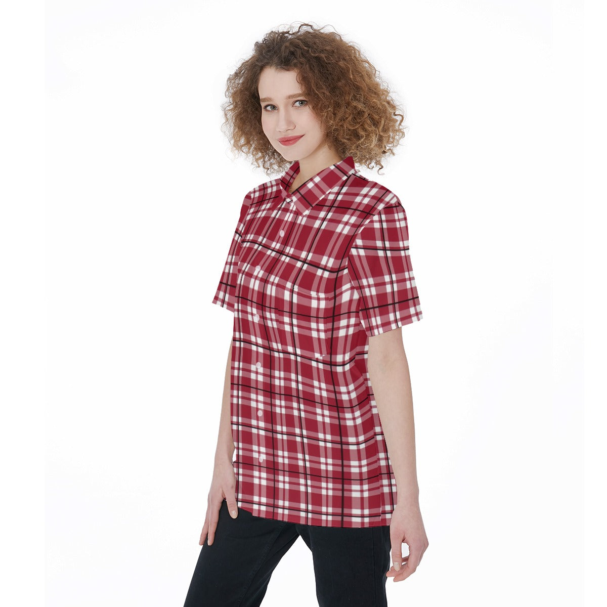 Alabama Crimson Tide Tartan Plaid Crimson White Women's Short Sleeve Shirt With Pocket streetwear fashion product image 4