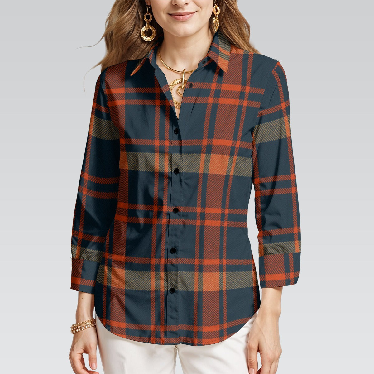 Auburn Tigers Tartan Plaid Navy Orange Women's Mid-Length Sleeve Shirt streetwear fashion product image 2