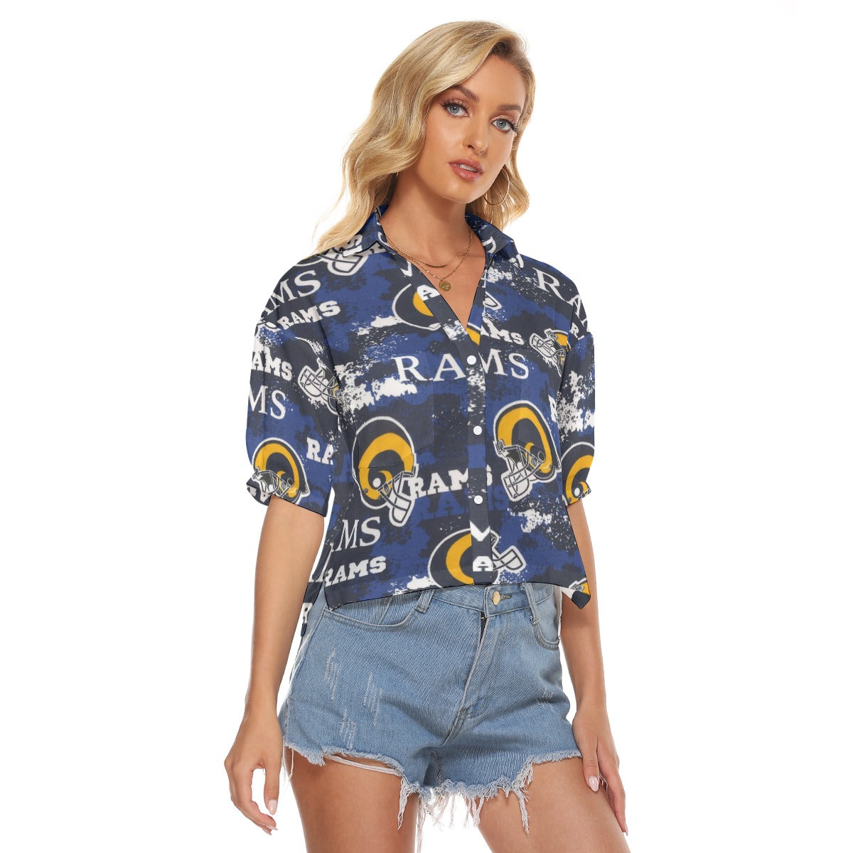 los-angeles-rams-womens-v-neck-shirts navy orange football outfit detail
