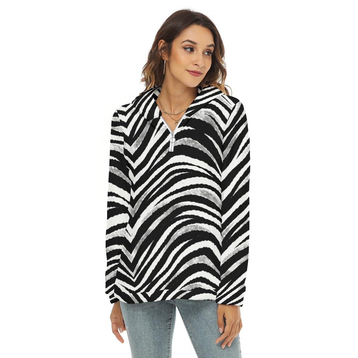Las Vegas Football Zebra Women's Borg Fleece Hoodie With Half Zip – Black and White Game Day Streetw
