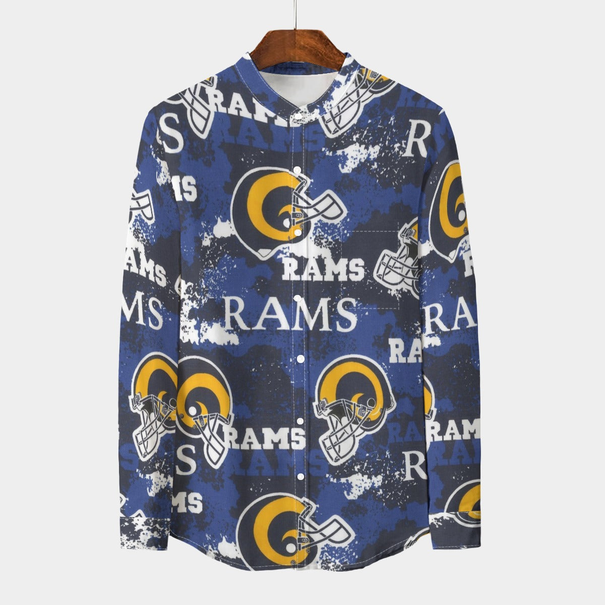 Los Angeles Rams  Men's Stand Collar Shirt With Long Sleeve|110GSM Imitation Flax navy orange football outfit back view