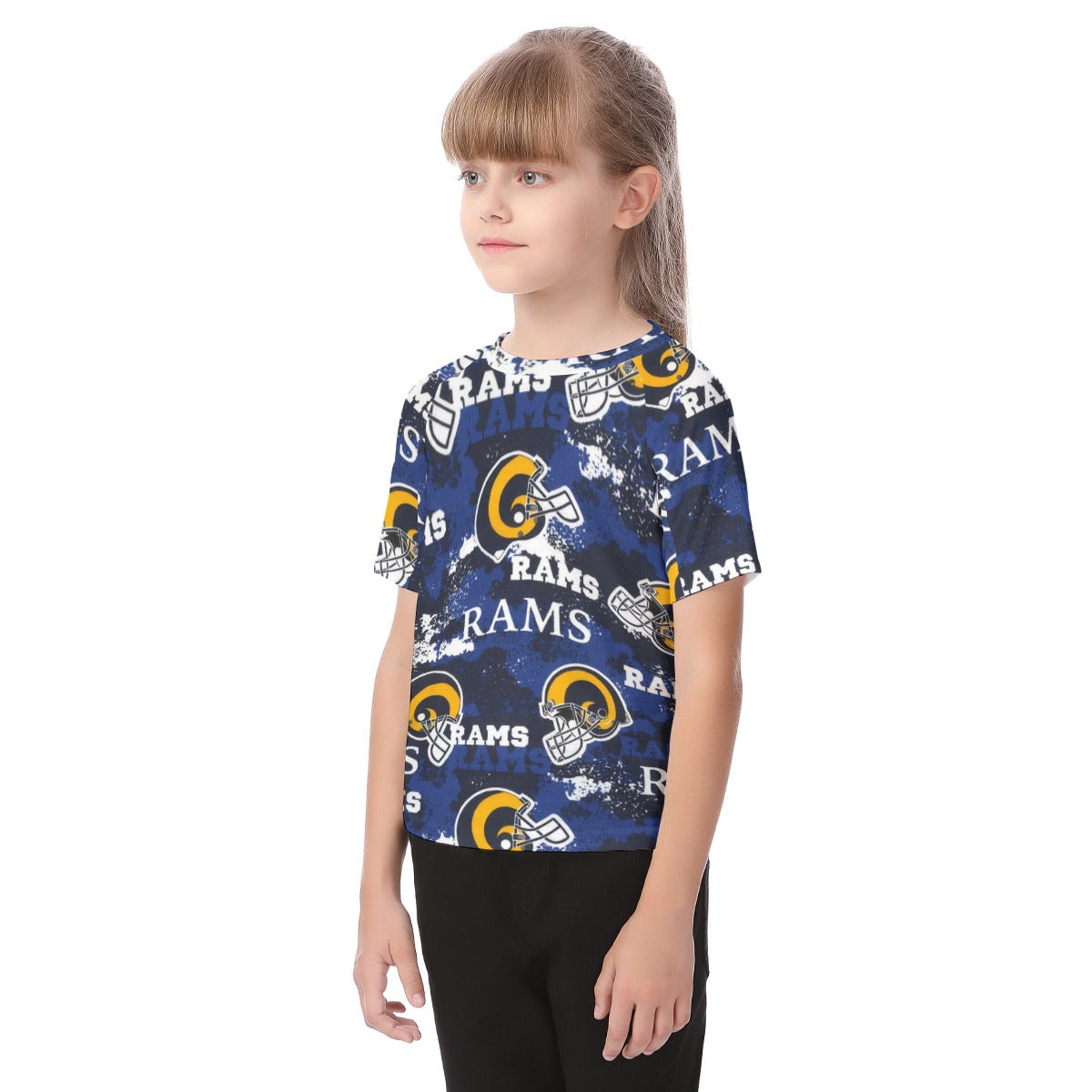 los-angeles-rams-kids-raglan-sleeve-t-shirt navy orange football outfit fabric close-up