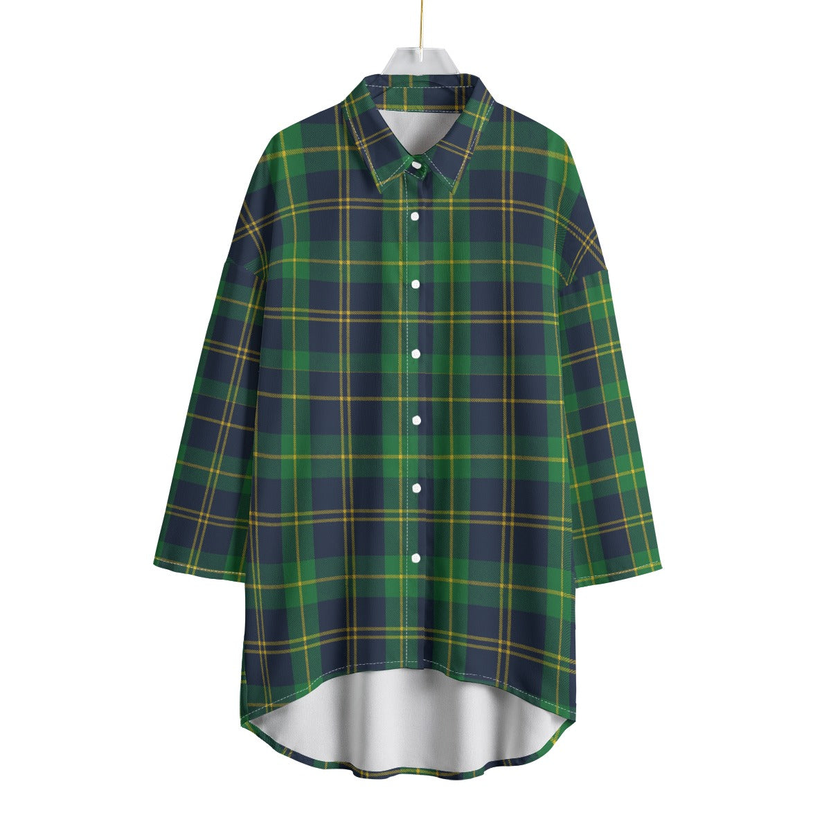 Notre Dame Fighting Irish Green Navy Gold Plaid Womens Chiffon Shirt With Elbow Sleeve 7 green navy gold plaid women fashion apparel