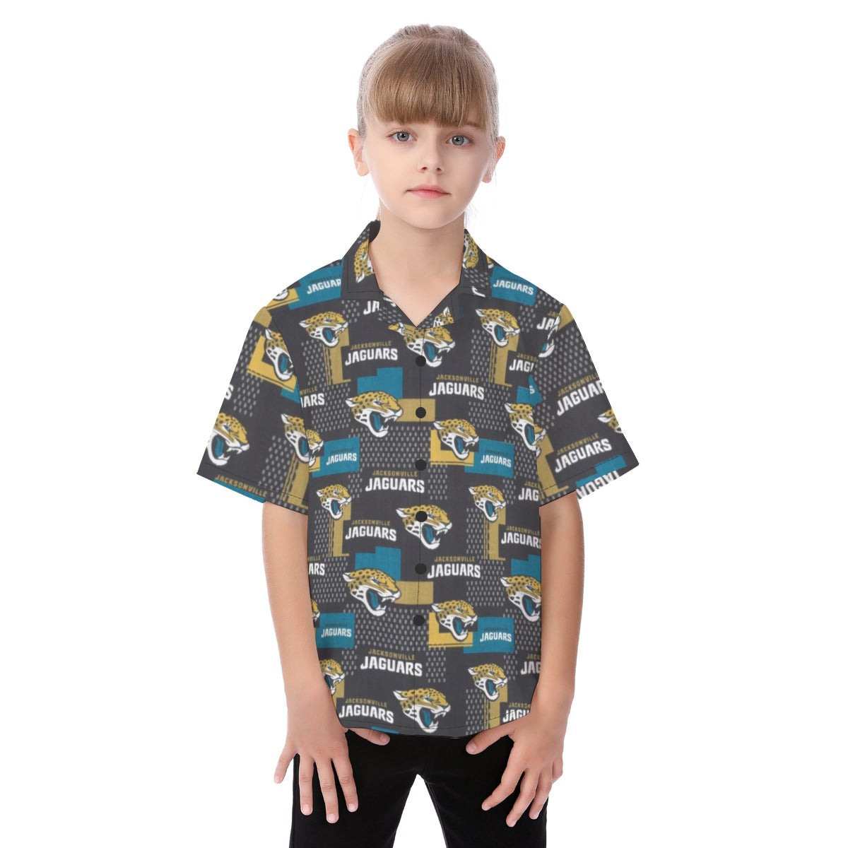 Jacksonville Jaguars Kid's Hawaiian Vacation Shirt teal black football back view game day look