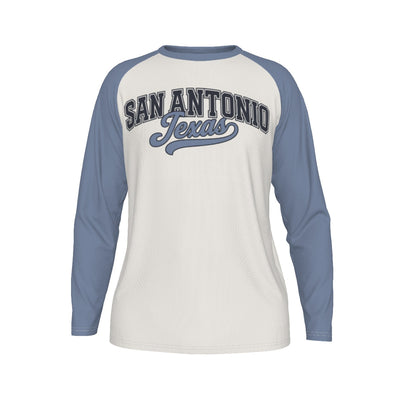 San Antonio Texas Cream and Blue Long Sleeve Shirt Men Vintage Script Raglan Tee – breathable comfort wear, lightweight game day shirt, image 1.0