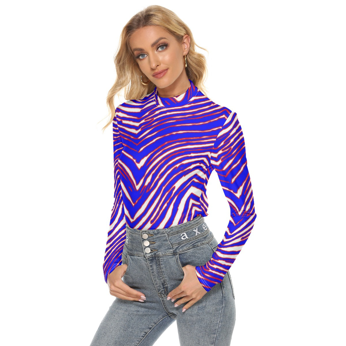 Buffalo Football Women’s Stretchable Turtleneck Top – Red, Blue  White Zebra Game Day Style