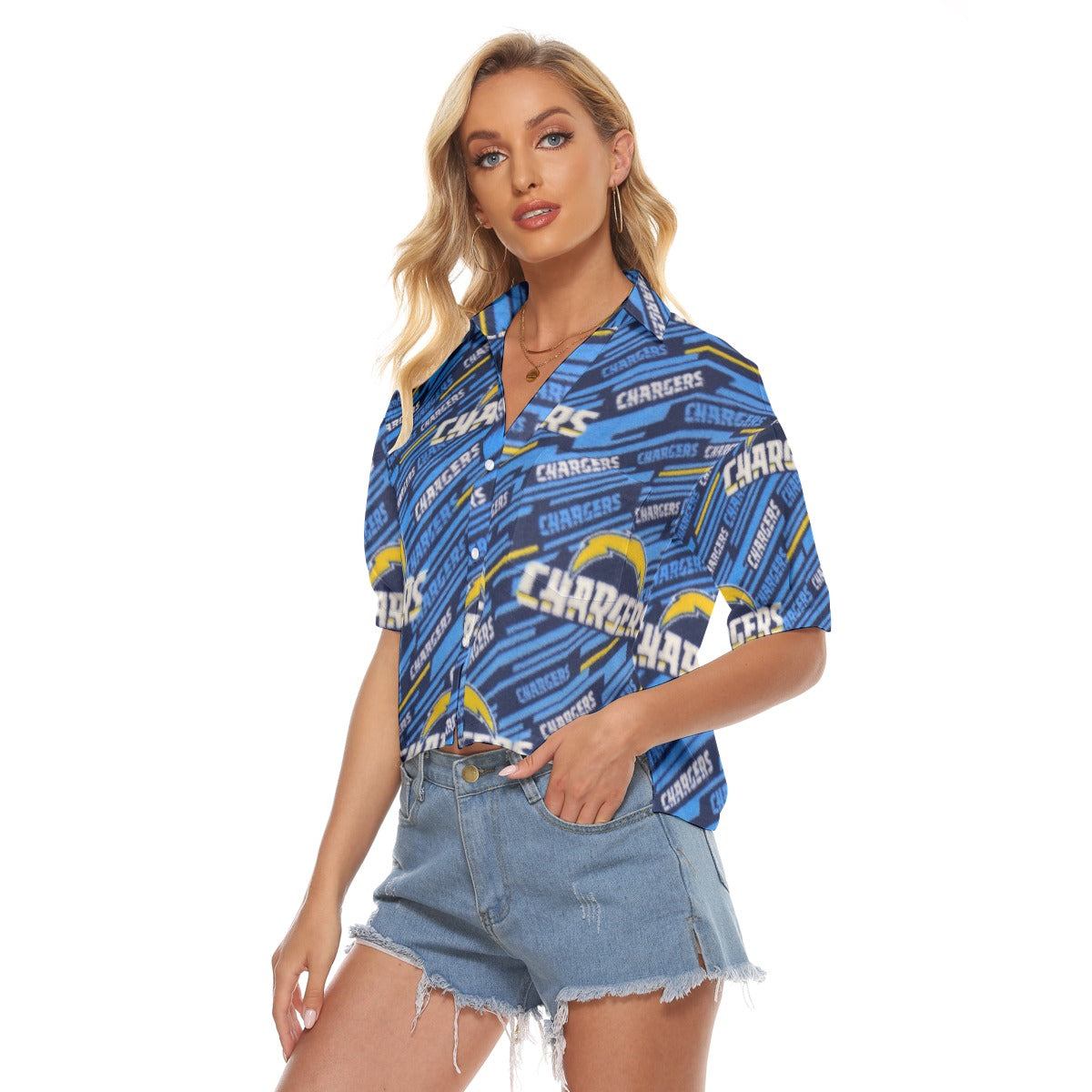 los-angeles-chargers-womens-v-neck-shirts powder blue yellow football side view beach style