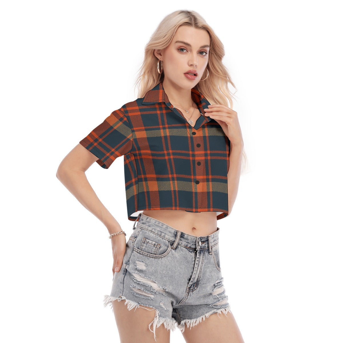 Auburn Tigers Tartan Plaid Navy Orange Women's Cropped Shirt
