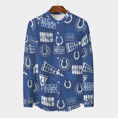 Indianapolis Colts Men's Stand Collar Shirt With Long Sleeve|110GSM Imitation Flax blue white football outfit back view