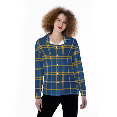 west virginia mountaineers tartan plaid blue gold women's satin shirt blue gold tartan plaid mountaineers game day fashion