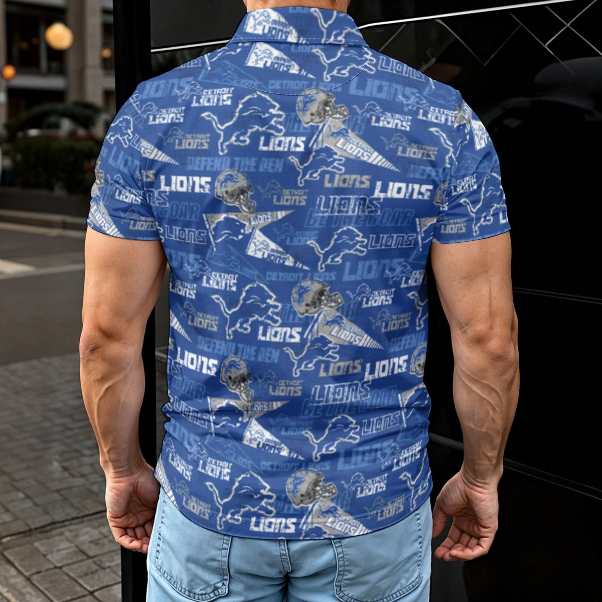 detroit-lions-mens-polo-shirt blue silver football fabric breathable detail