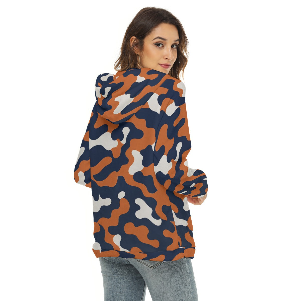 White Smoke Chicago Football Women’s Camo Quarter Zip – Navy Orange Game Day Pullover Jacket