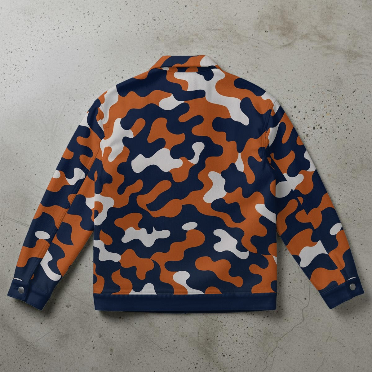 Chicago Football Camo Trucker Jacket – Navy Orange Game Day Utility Jacket