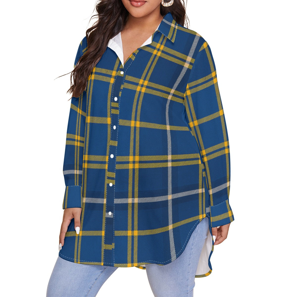 west virginia mountaineers tartan plaid blue gold women's shirt with long sleeve(plus size) blue gold tartan plaid mountaineers game day fashion