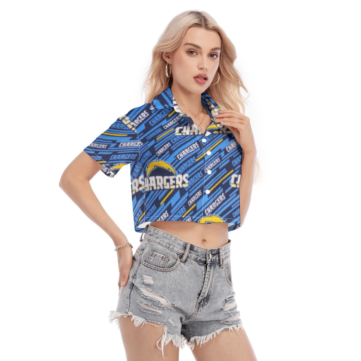 los-angeles-chargers-womens-cropped-shirt powder blue yellow football fabric breathable detail