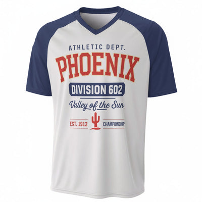 Phoenix Division 602 Varsity T-Shirt – White Navy Red Athletic City Streetwear Style – fan gear, nfl fan apparel, image 1.0