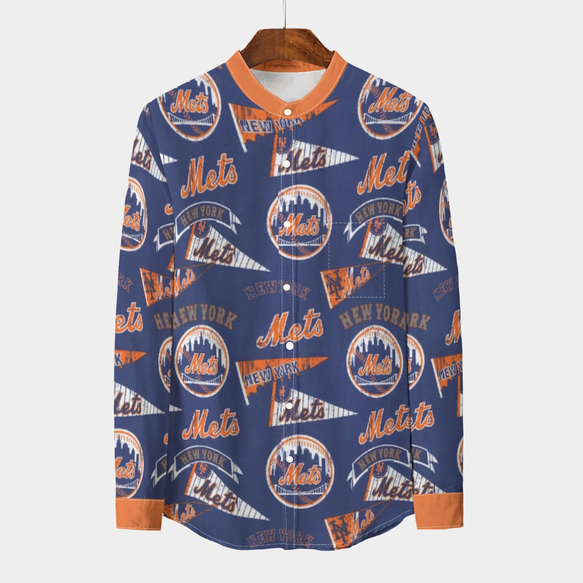 New York Mets Men's Stand Collar Shirt With Long Sleeve|110GSM Imitation Flax new york mets baseball fan apparel city game day outfit
