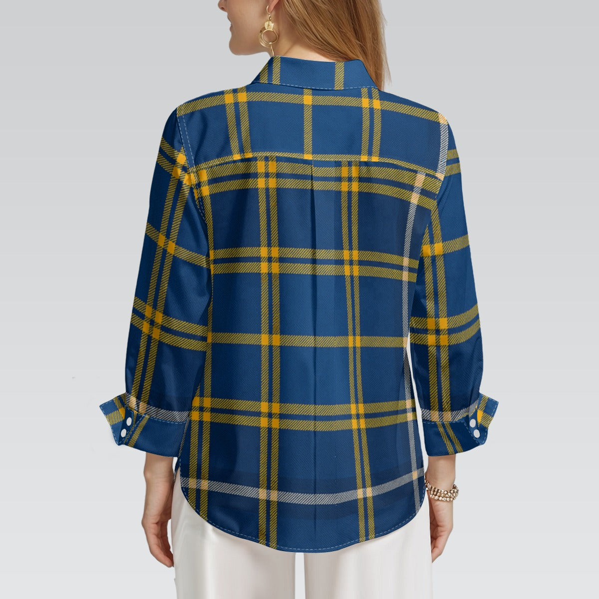 West Virginia Mountaineers Tartan Plaid Blue Gold Women's Mid-Length Sleeve Shirt