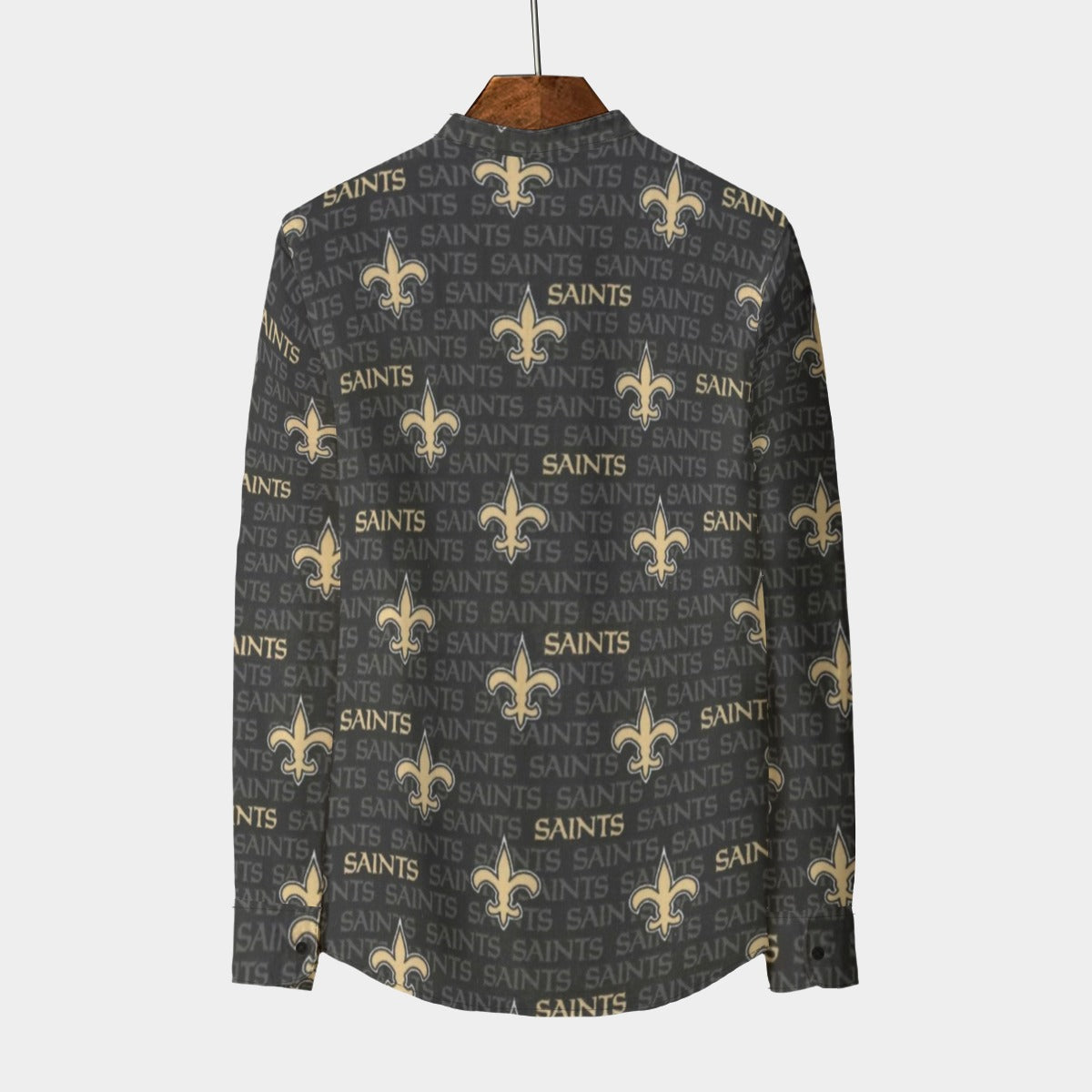new-orleans-saints-mens-stand-collar-shirt-with-long-sleeve-110gsm-imitation-flax black gold football detail fabric breathable