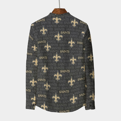 new-orleans-saints-mens-stand-collar-shirt-with-long-sleeve-110gsm-imitation-flax black gold football detail fabric breathable