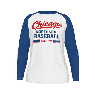 Chicago Northside Baseball Shirt – White and Blue Long Sleeve Raglan Tee Est 1876 – casual fan outfit, football shirt, image 1.0
