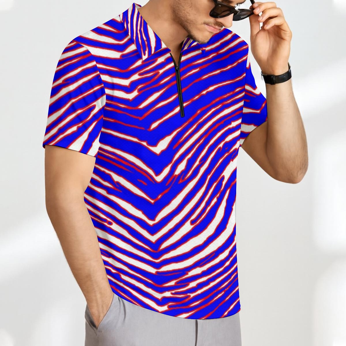 Lavender Buffalo Zebra Football Men’s Short Sleeve Polo Shirt with Zipper – Game Day Streetwear Style