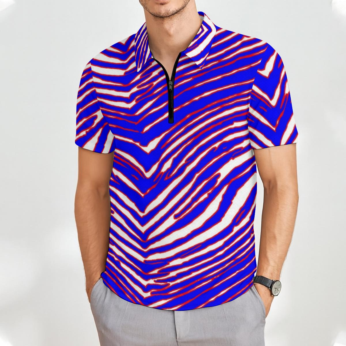 Buffalo Zebra Football Men’s Short Sleeve Polo Shirt with Zipper – Game Day Streetwear Style – casual fan outfit, casual fan outfit, image 1.0
