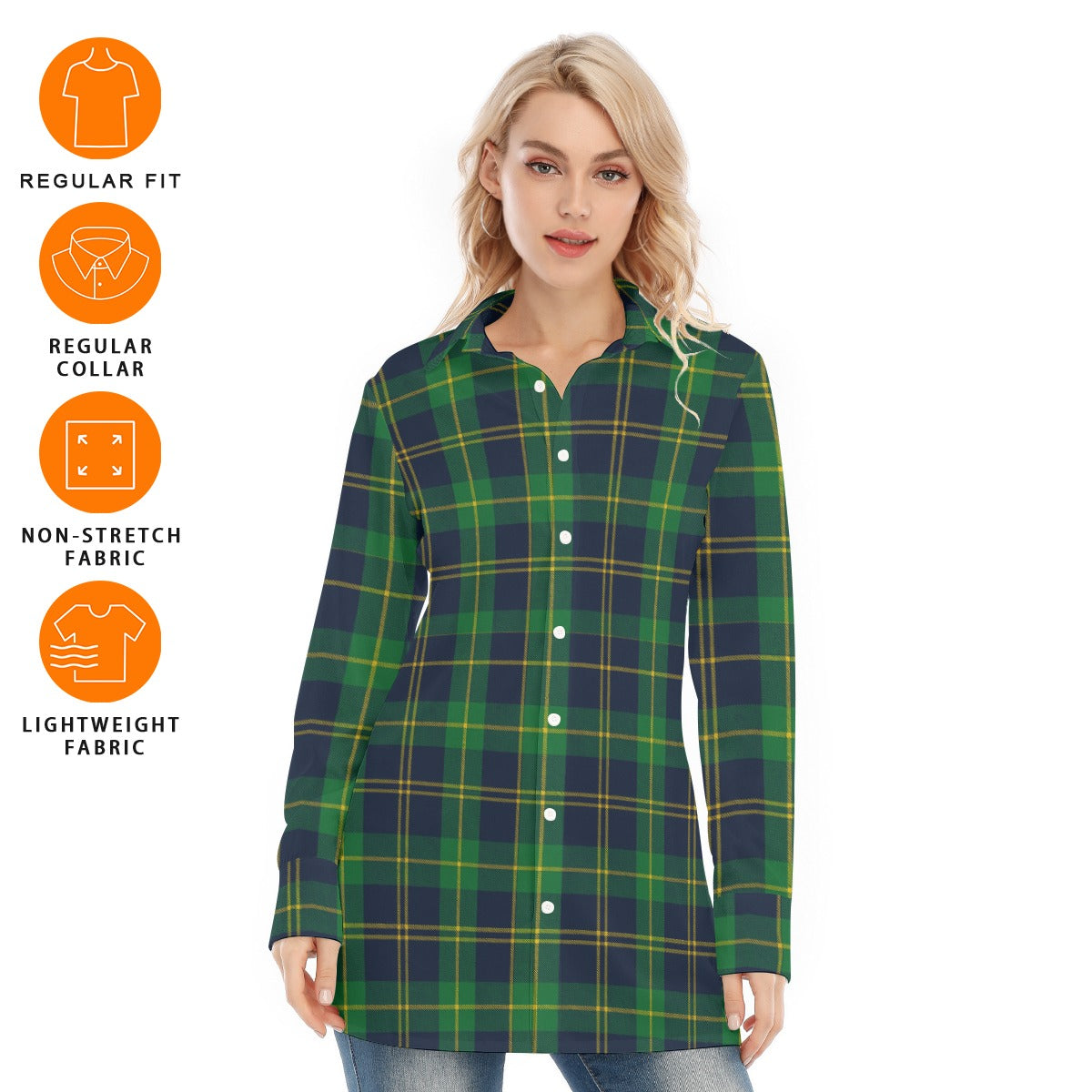Notre Dame Fighting Irish Green Navy Gold Plaid Womens Long Shirt 8 green navy gold plaid women fashion apparel