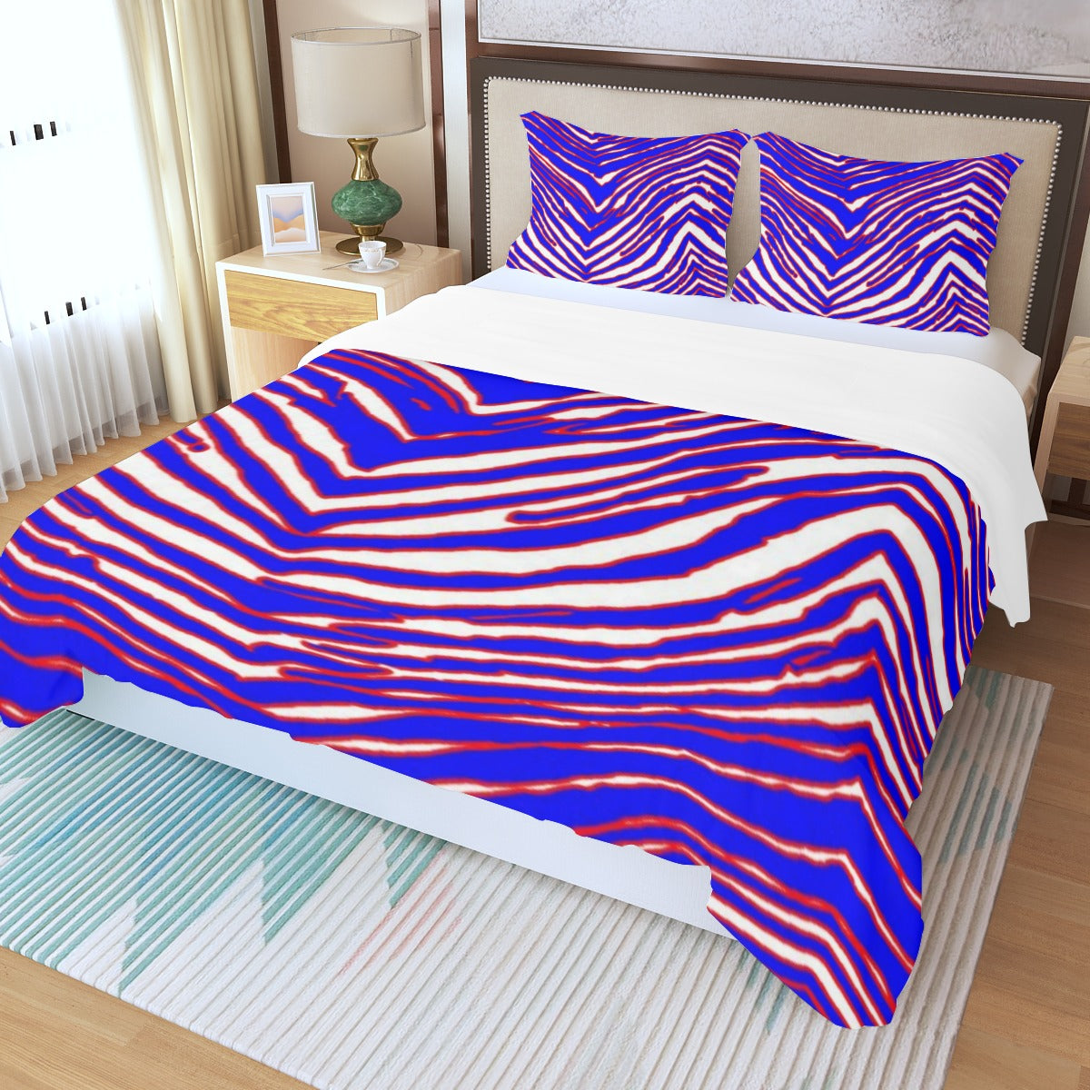Buffalo football Three Piece Duvet Bedding Set – Red Blue White Zebra Game Day Style