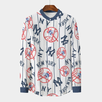 New York Yankees Men's Stand Collar Shirt With Long Sleeve|110GSM Imitation Flax new york yankees baseball fan apparel game day outfit