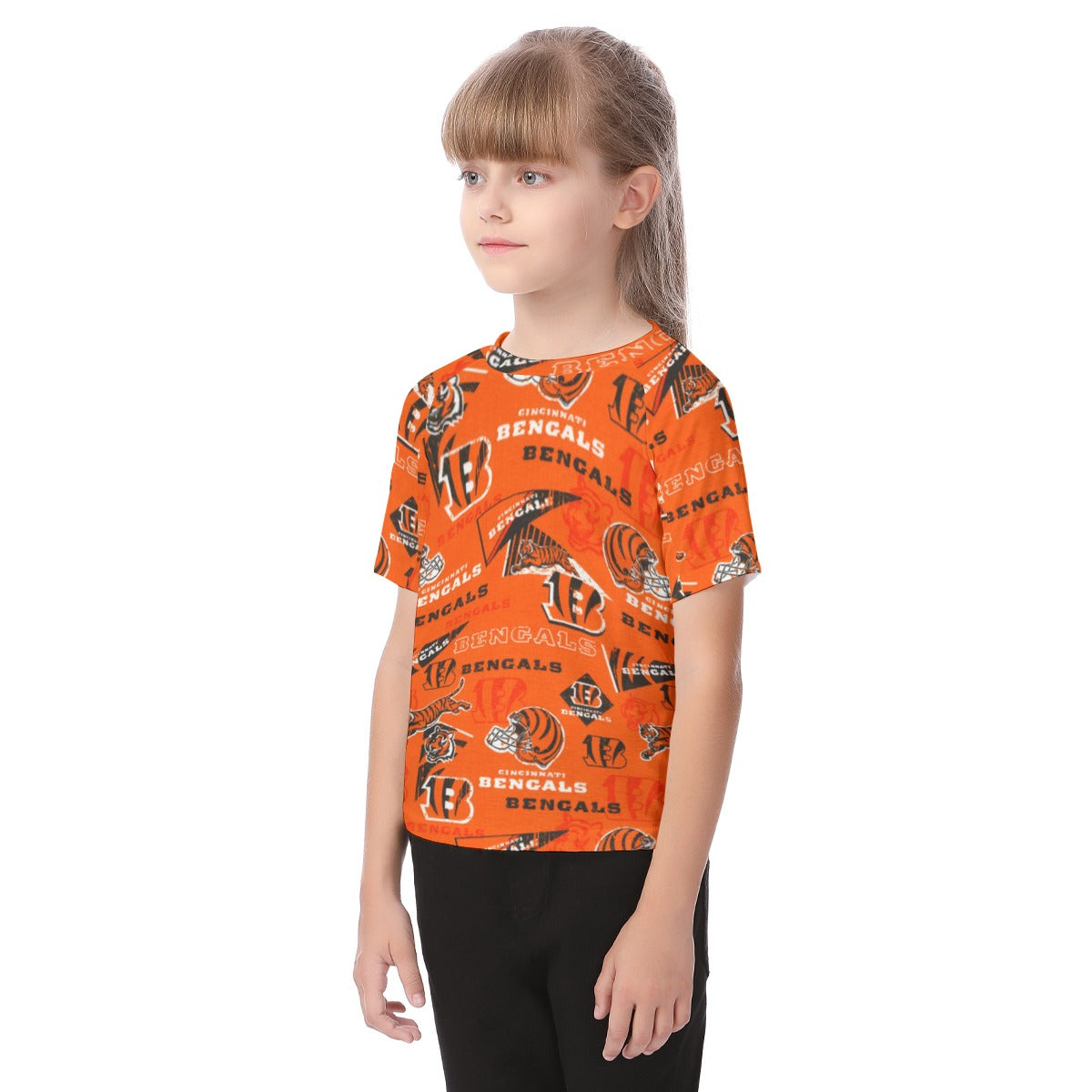 cincinnati-bengals-kids-raglan-sleeve-t-shirt black orange football side view streetwear fit