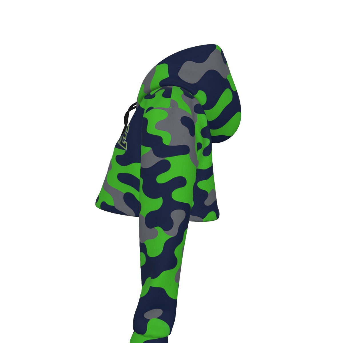 White Smoke Seattle Football Varsity Camo Women’s Crop Top Hoodie – Navy and Action Green Game Day Cropped Sweat