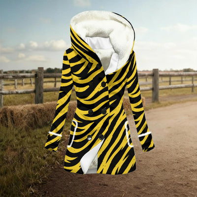 Pittsburgh Football Yellow Black Zebra Women's Hooded Double-Breasted Winter Coat With Fleece – game day outfit, nfl fan apparel, image 1.0