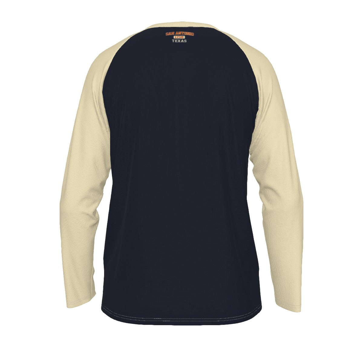 San Antonio Texas 1718 Navy Blue and Cream Long Sleeve Shirt Men Orange Varsity Raglan Tee