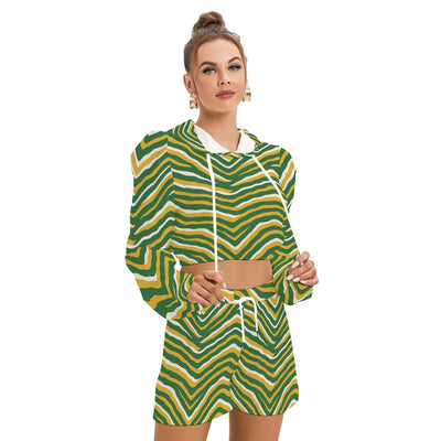 White Smoke Green Bay Football Yellow Green Women’s Micro Fleece Hoodie and Shorts Set – Game Day Streetwear