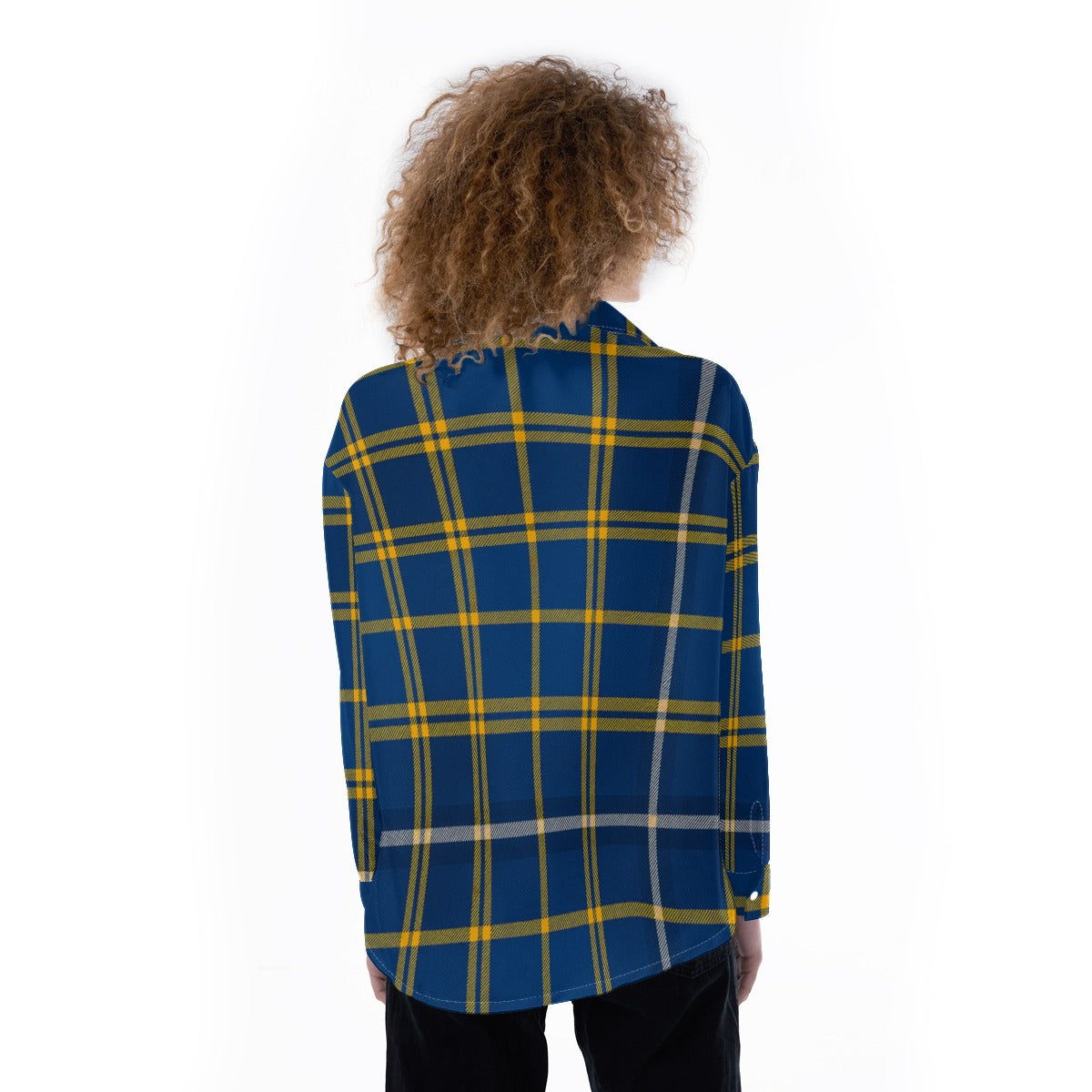 West Virginia Mountaineers Tartan Plaid Blue Gold Women's Satin Shirt streetwear fashion product image 2